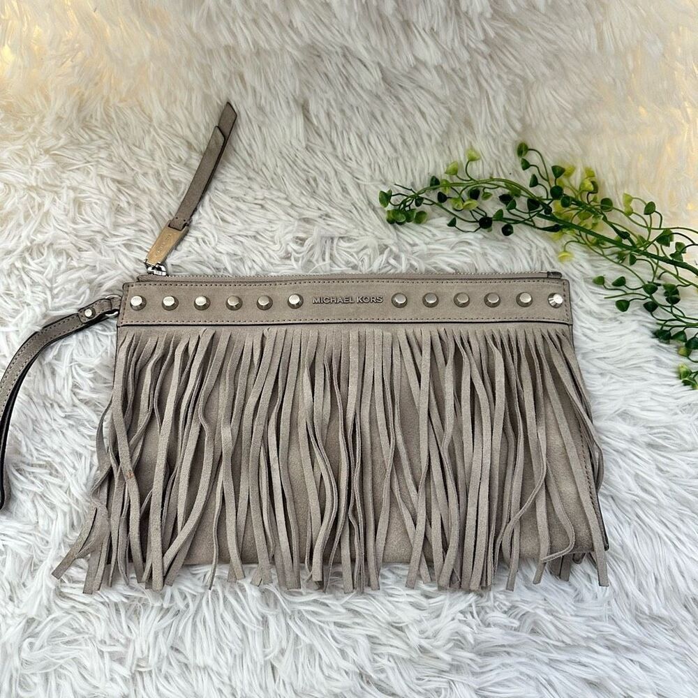 Michael Kors Billy Gray Fringed & Studded‎ Suede Zip Clutch Bag